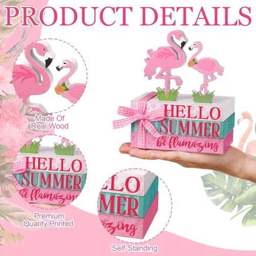 Geelin 4 Pcs Pink Flamingo Table Decoration Wooden Book Stack Signs - Image 4