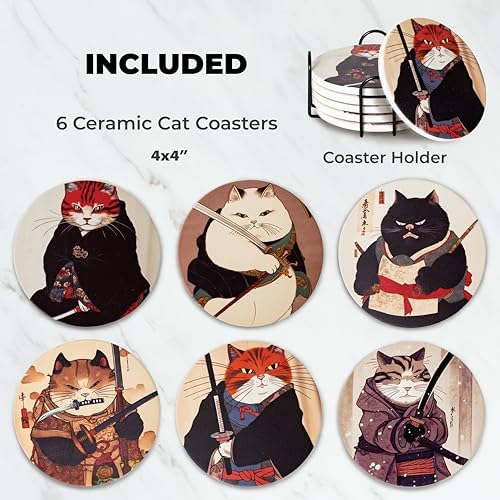Ninja Cat Coasters Set of 6 - Cat Gifts for Men Anime Decor, Funny Coasters - Image 2
