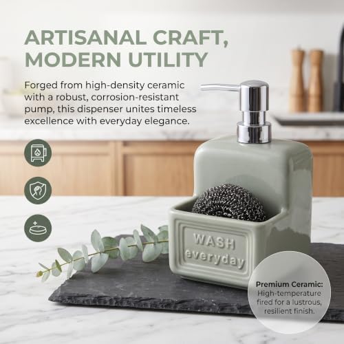 RQYIXI 2-in-1 Ceramic Soap Dispenser with Sponge Holder,Sage Green,15 Oz - Image 4
