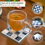 CHI AN HOME 4" Capiz Checkered Square Coasters Set 6 with Holder, Navy Blue - Image 4