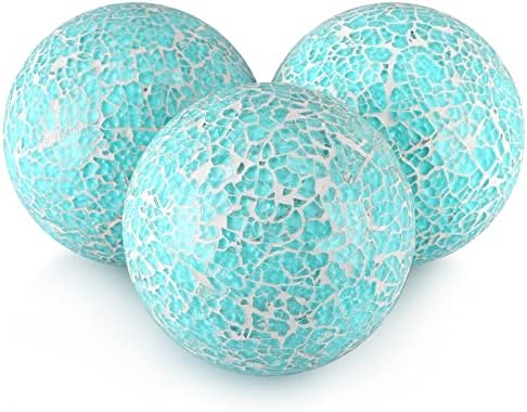 MDLUU 4" Decorative Orbs, Mosaic Sphere Balls, Centerpiece Balls for Bowls, Vases, Dining Table Decor, Pack of 3 (Teal Blue) by MDLUU