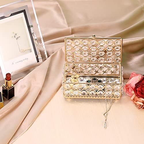 ELLDOO Crystal Jewelry Box Rectangle Trinket Organizer Earrings Rings Box Treasure Box Home Decor Accent Decorative Box with Lid for Valentine Wedding Christmas Birthday Gift, Gold, Small - Image 4