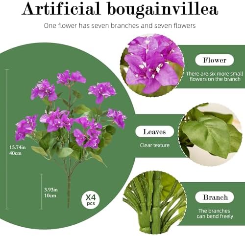 Bougainvillea Artificial Faux Bougainvillea Outdoor 4 Pack Fake Bougainvillea Hanging Flowers Artificial Bougainvillea for Indoor Home Porch Garden Decor Spring Flowers No Vases(Dark Purple) - Image 2