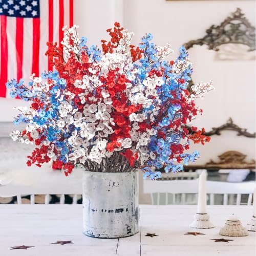 Uieke 15 Pcs 4th of July Artificial Flowers Fake Patriotic Babys Breath Flowers for Independence Day Decor Blue White Red Silk Flowers for Memorial Day Floral Arrangement Home Wedding - Image 2