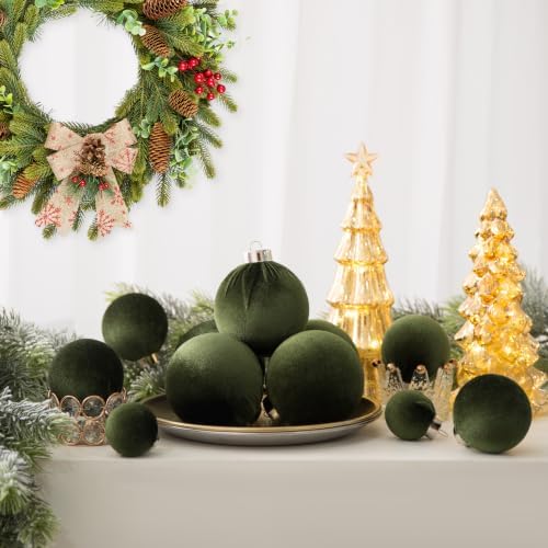 Velvet Christmas Ball Ornaments - 30pcs Flocked Christmas Ornaments Set Shatterproof Classic Hanging Xmas Tree Decorations with Rope for Wreath Holiday Home Decor (Dark Green) - Image 4