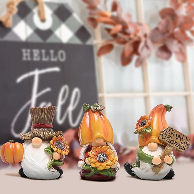 Hodao Thanksgiving Decorations Indoor - Resin Fall Gnome Figurines with Pumpkin and Sunflower, Harvest Autumn Table Decor, for Family and Friends, Holiday Thanksgiving Centerpiece - Image 5