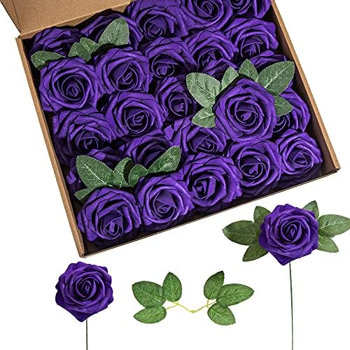 Hot Pink Foam Rose 50pcs Real Looking Fake Purple Rose with Stems Leaves for Home Decoration Party Garden Centerpieces DIY Wedding Bouquets（Hot Pink&Purple） - Image 5