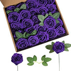 Artificial Flower Foam Rose 25pcs Real Looking Fake Rose with Stems Leaves for Home Decoration Party Garden Centerpieces DIY Wedding Bouquets（Purple） by Lansdowns