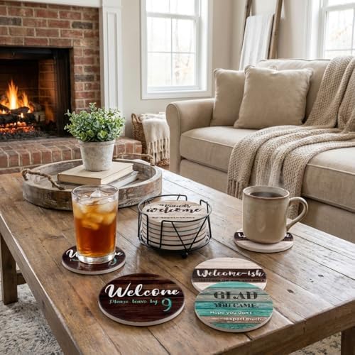 Funny Coasters - House Warming Gifts New Home - Housewarming Gifts for Women, Men, Couple, New Homeowner - Farmhouse Bar Coasters for Drinks with Holder - First Apartment Essentials - Image 5