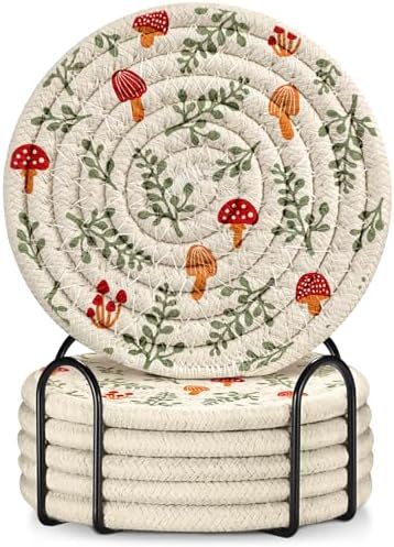 Absorbent Cup Coasters Set of 6 with Holder, Mushroom Leaf by Kokaaee