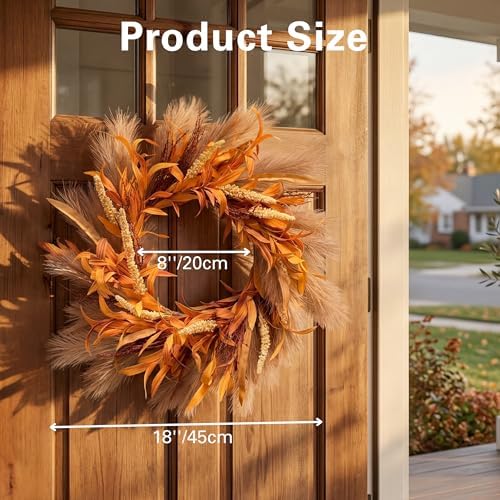 Perfnique Fall Wreath for Front Door, 18'' Autumn Wreath for Door Decor, Faux Pampas Wreath for Fall Decor, Boho Wall Decor, Farmhouse Pampas Grass Garland for Home Outdoor Thanksgiving Decoration - Image 3