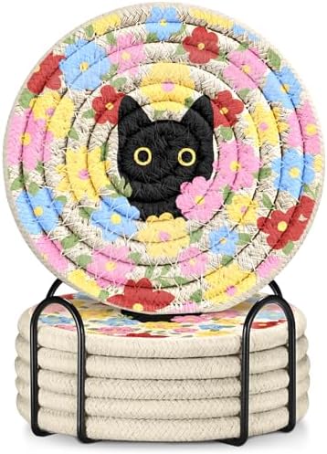 Absorbent Cup Coasters Set of 6 with Holder, Cat Flower by Kokaaee