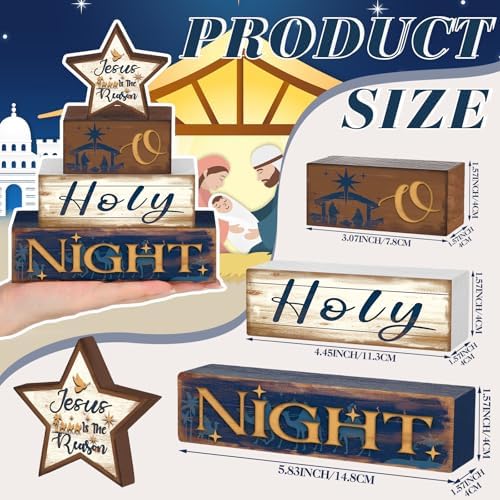 Moucuny 4 Pcs Christmas Wooden Signs Centerpieces, Holy Night Farmhouse - Image 2