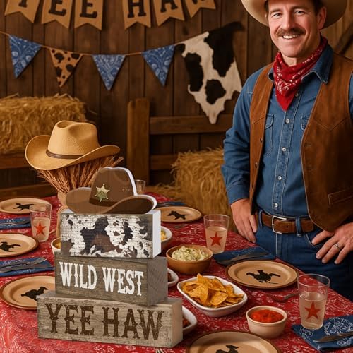 Yuntau 4 Pcs Western Cowboy Table Decor Wooden Block Signs Cowboy Hat Set - Image 5