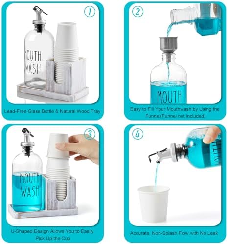 Glass Mouthwash Dispenser for Bathroom, 16 OZ Mouthwash Dispenser with Pour Spout and White Washed Wood Cup Holder and Tray, Mouth Wash Bottle Container, Rustic Kitchen Bathroom Decor and Accessories - Image 4