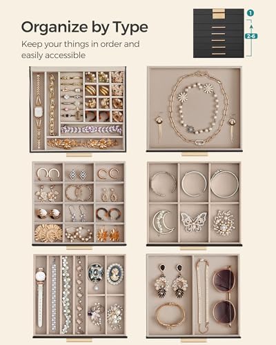 SONGMICS Jewelry Box Organizer, 6-Layer Storage with 5 Drawers, Glass Lid - Image 3