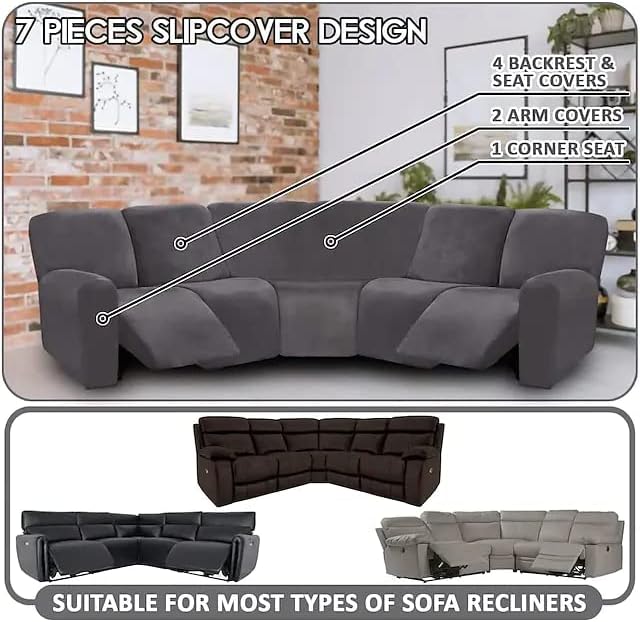 LightInTheBox 7-Piece Velvet Stretch Reclining Couch Covers 5 Seats Corner Sofa - Image 6