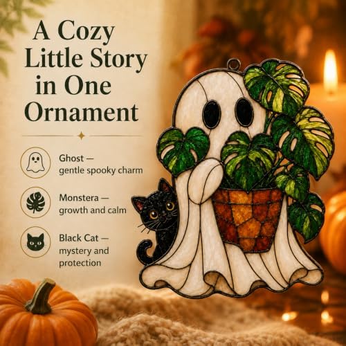 Halloween Ghost Monstera Ornaments, Flat Acrylic Decor, 3.94 Inch - Image 3