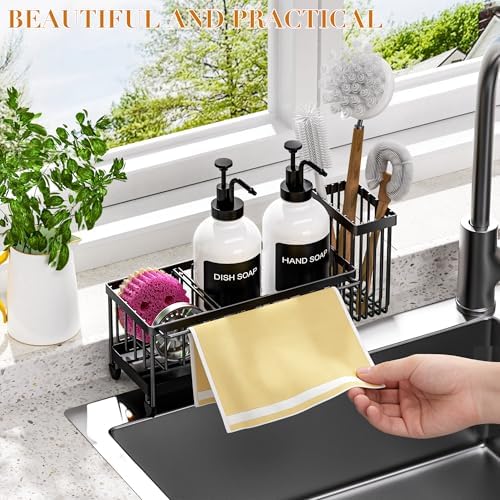 Kitchen Soap Dispenser Set with Sponge Holder and Towel Rack, 17OZ Glass Bottle, Hand and Dish Soap Dispenser Set, Non-Slip Silicone Pad, Brush Holder, Kitchen Sink Caddy Organizer Countertop (White) - Image 4