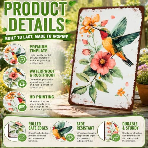 Hummingbird Wall Decor Metal Tin Sign Vintage Hummingbird Floral Wall Art Retro Metal Plaque Farmhouse Country Home Garden Decoration Print Poster Farmhouse Accent Home Decor 8x12 Inch - Image 3