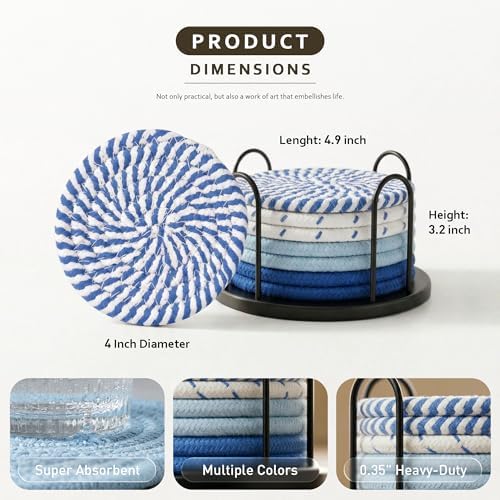Lazebox Coasters Set of 8 for Drinks, 4 Inch Large Coasters for Coffee Table, Tabletop Protection for Hot & Cold Drinks, Versatile Coasters for Home Decor, Non-Slip & Easy to Clean, Sky Blue - Image 4