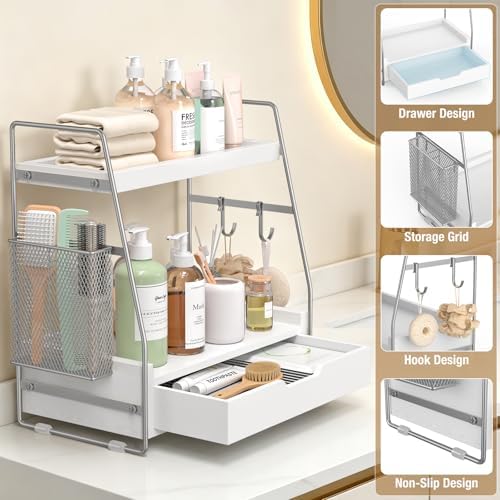 2-Tier Bathroom Counter Organizer with Drawer, Wood Counter Storage Shelf - Image 3