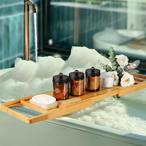 Amolliar Amber Glass Apothecary Jars Qtip Holder w/Metal Lids,Bronze 2pc - Image 6