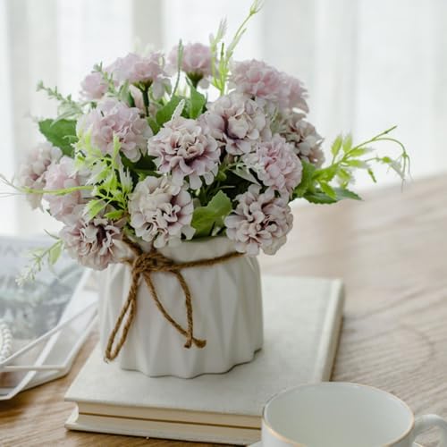 TKAS Fake Flowers Arrangement in Ceramic Vase, Artificial Faux Silk Hydrangea, Small Realistic Dried-Style Floral, Dining Table Centerpiece for Wedding Party Home Decoration (Purple) by TKAS
