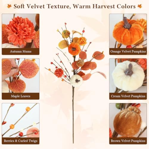 6PCS Artificial Pumpkin Stems, Fall Floral Stems Thanksgiving Decorations - Image 2