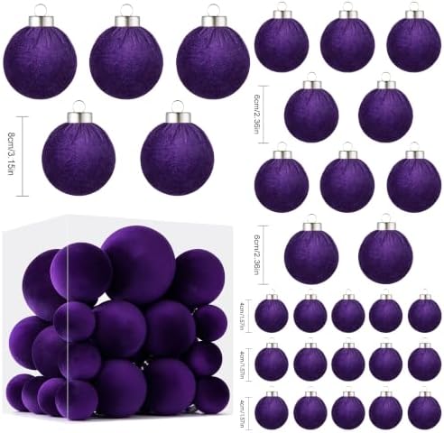 Velvet Christmas Ball Ornaments - 30pcs Flocked Christmas Ornaments Set Shatterproof Classic Hanging Xmas Tree Decorations with Rope for Wreath Holiday Home Decor (Purple) - Image 2