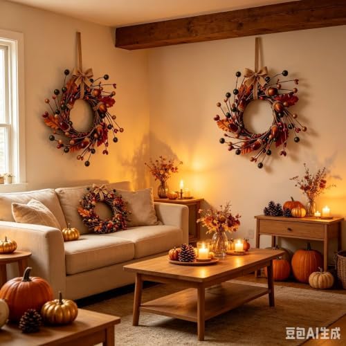 6 Pcs Mini Fall Hanging Wreaths for Cabinets Small Candle Rings Wreath Pillar Holder Wreath with Acorn Berry Autumn Leaves Harvest Wreaths for Farmhouse Porch Front Door Window - Image 3