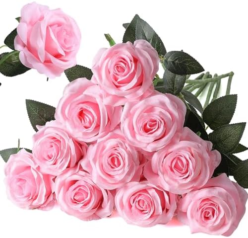 10pcs Pink Roses Artificial Flowers, Realistic Faux Rose with Long Stem by Nubry
