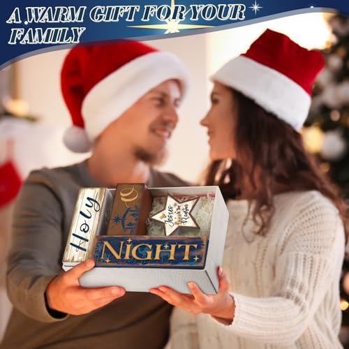 Moucuny 4 Pcs Christmas Wooden Signs Centerpieces, Holy Night Farmhouse - Image 5
