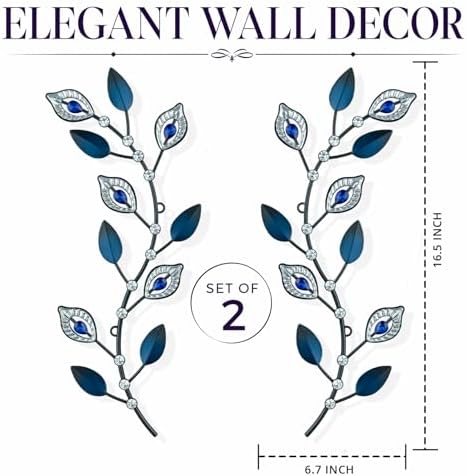 sxnzequnze 2 Set Metal Tree Leaf Wall Art for Home Decor Living Room Bedroom Dining Room Bling Rhinestone, 3D, Iron Branch Hanging Leaf Sculpture Art Pieces -Navy blue 16.5in*6.7in - Image 3