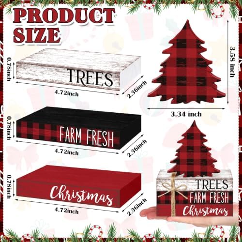 Geelin 4 Pcs Christmas Buffalo Plaid Table Decoration Wood Book Stack Signs - Image 4