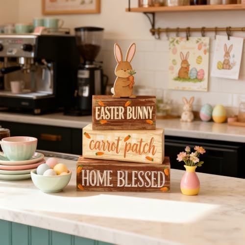 Easter Decorations - Easter Bunny Tiered Tray Decor Set - Wooden Carrot Patch Tabletop Decoration - Rustic Farmhouse Spring Home Decor Indoor for Tiered Tray Shelf Mantel Coffee Table Gift - Spring Home Decor for Living Room, Kitchen Counter - Image 6