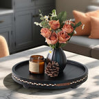 Round Wooden Decorative Tray Coffee Table Tray Home Decor 11.8" Strip Black - Image 3