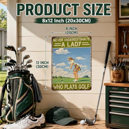 Vintage Golf Metal Sign for Women Never Underestimate A Lady Who Plays Golf Wall Art Poster for Home Clubhouse Man Cave Garage Bar Restaurant Cafe Decor 12x8 Inch - Image 2