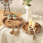 2 Piece Torched Wooden Serving Tray Set with Beaded Design, Farmhouse Centerpiece Table Decorations, Round Coffee Table Tray for Living Room Home Decor, Ottoman Tray Decor for Rustic Styles - Image 2