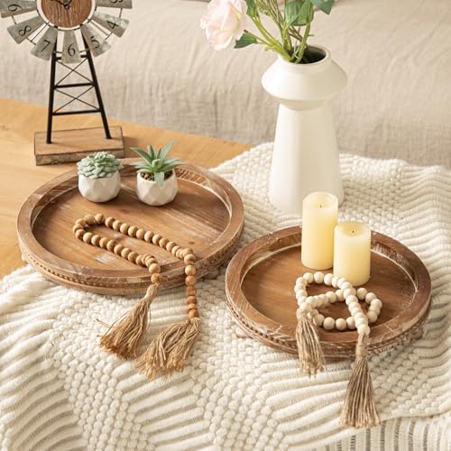 2 Piece Torched Wooden Serving Tray Set with Beaded Design, Farmhouse Centerpiece Table Decorations, Round Coffee Table Tray for Living Room Home Decor, Ottoman Tray Decor for Rustic Styles - Image 2