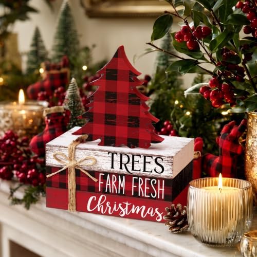 Geelin 4 Pcs Christmas Buffalo Plaid Table Decoration Wood Book Stack Signs - Image 2
