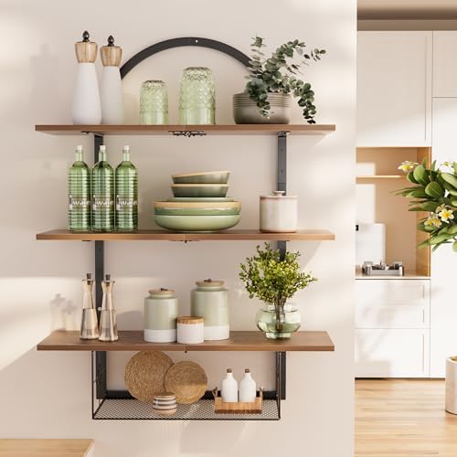 XLHOMO Floating Shelf for Wall- 31.5"x 24" 3+1 Tier Floating Shelves with Basket for Bathroom, Living Room,Bedroom and Kitchen Rustic Brown - Image 4