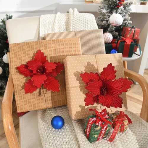 10 PCS Glitter Poinsettias, 8.7" Artificial Christmas Flowers, Dark Red - Image 2