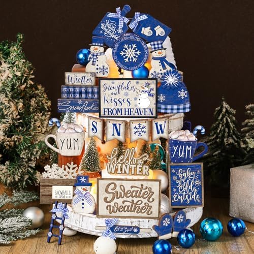 CroBlissful 23 Pcs Christmas Tiered Tray Decor Set, Blue, Snow - Image 5