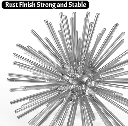 Silver Sphere Decor, Metal Starburst Tabletop Sculpture Decor, Mid-Century Modern Metal Starburst Centerpiece, Spike Ball Decoration for Home, Coffee Table Decor - Image 3