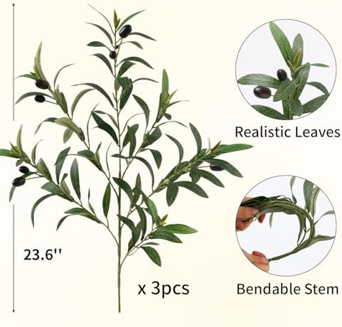 Leftover 3PCS 23.6Inch Faux Olive Branches for Vase,Artificial Olive Tree Branches,Fake Plants,Greenery Stems,Eucalyptus Stems,Green Leaves for Centerpieces Decoration,Home Decor,Coffee Table Decor - Image 2