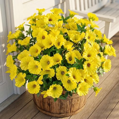 Yellow Artificial Morning Glory Flowers for Outdoor Planters, Premium UV Resistant Silk Faux Flowers for Porch, Hanging Basket & Window Box, Spring Garden Decor, No Pot, 13.3 Inch, 8 Bundles by UqueetenLtd