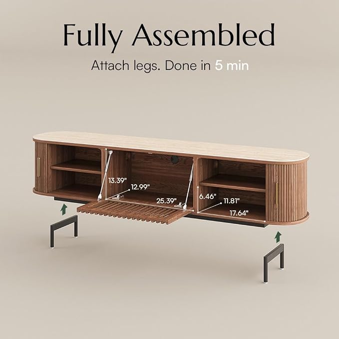 POVISON Fully-Assembled Sliding Tambour Door TV Stand, Mid Century Modern - Image 5