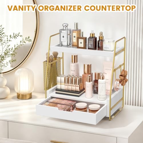 2-Tier Bathroom Counter Organizer with Drawer, Wood Counter Storage Shelf - Image 5