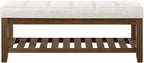 24KF Large Rectangular Upholstered Tufted Linen Ottoman Bench, Padded Bench - Image 4